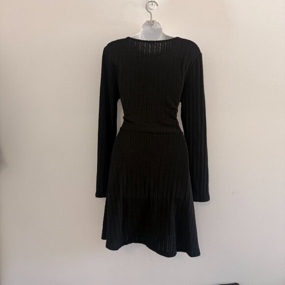 Black Ribbed Wrap Dress | Long Sleeve V-Neck | Size L - Picture 4 of 7